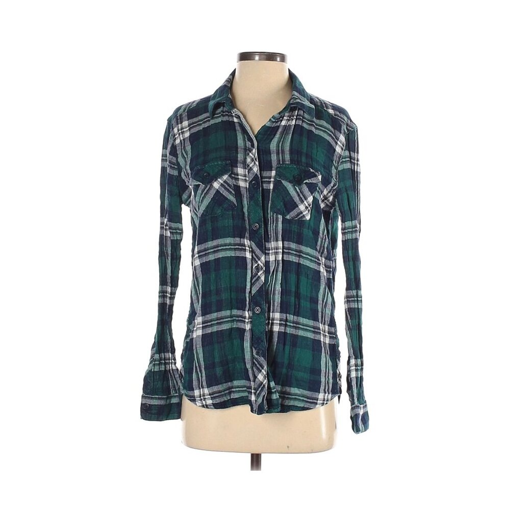 Beachlunchlounge Green & White Plaid Button Down Shirt Womens S Lightweight Cott